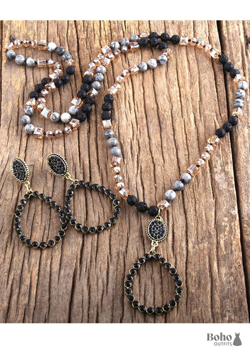 Boho Necklace, Jewelry Set, RH Amazonite Crystal Green Black Natural Stone